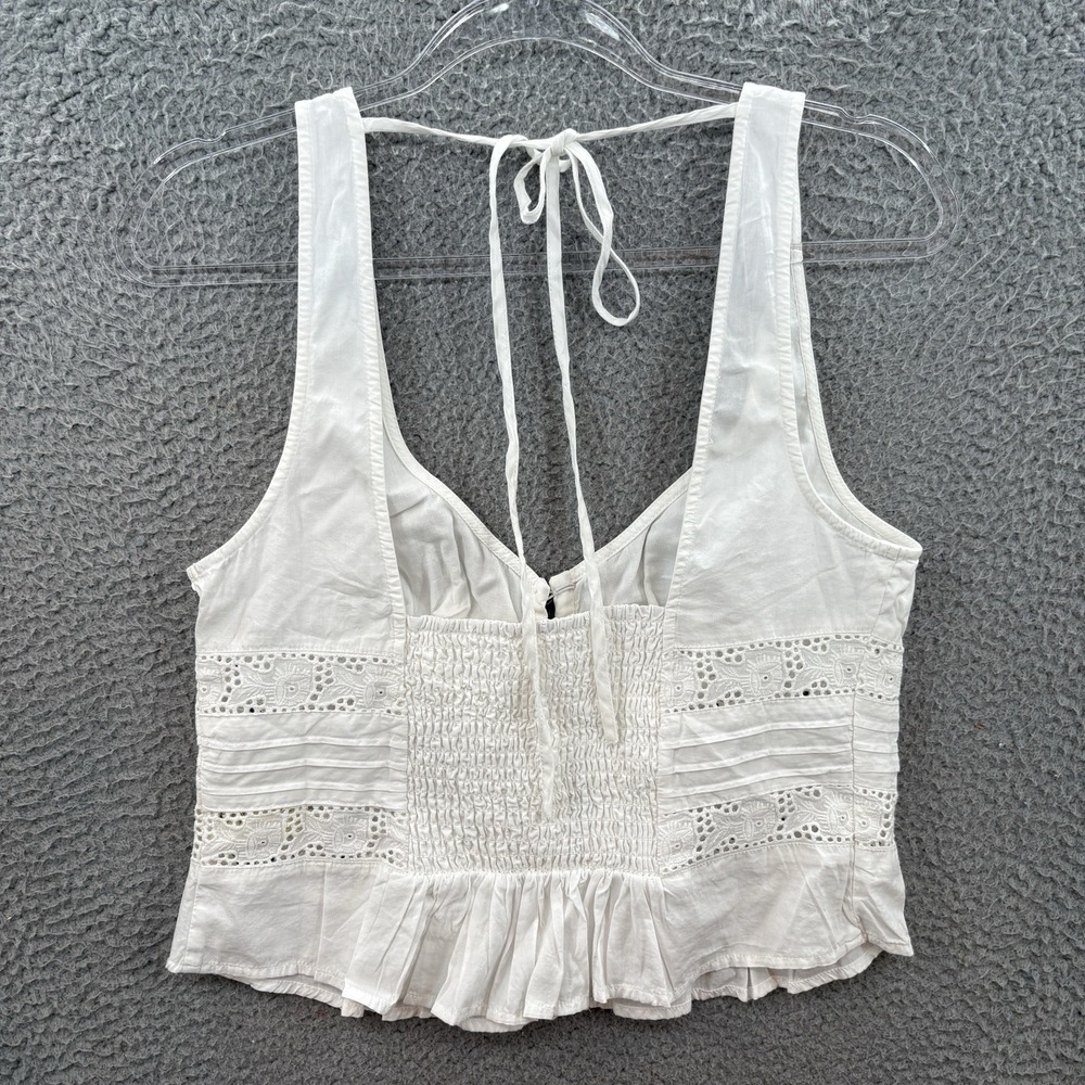 Free People Top Womens M White Eyelet Sleeveless V Neck Tank Cotton Boho Peasant - Picture 11 of 14